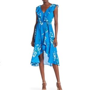 SOCIALITE Blue Floral Midi Ruffle Hi-Lo Wrap Dress Size L
